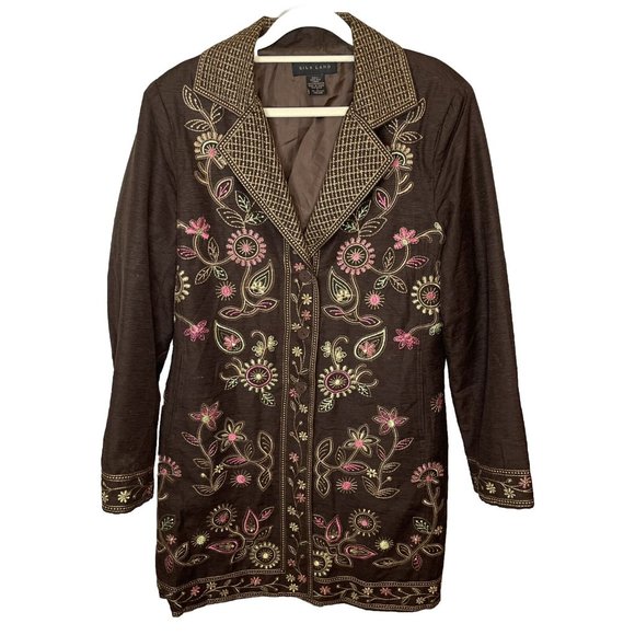 Silkland Jacket Large Coat Brown Embroidered Collared Floral 100% Silk Long - Picture 1 of 8